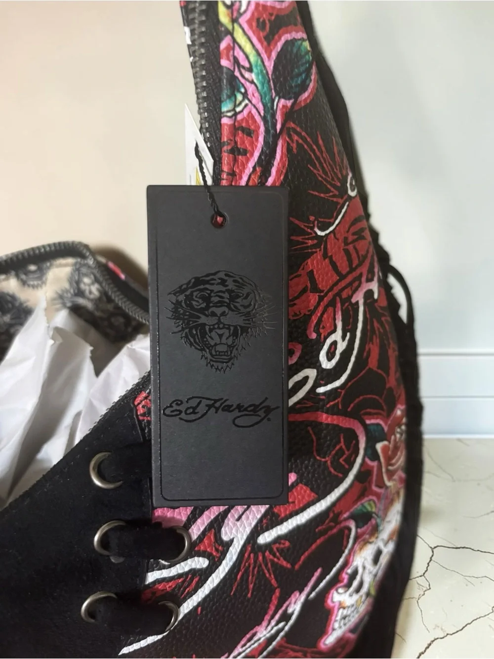 Ed Hardy Y2K Red Skull Rose Fringe Shoulder Bag Purse NWT